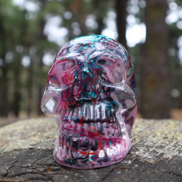 Resin Skull - handmade with cotton + turquoise glitter - Threefold Designs