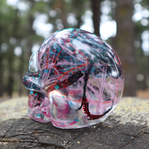 Resin Skull - handmade with cotton + turquoise glitter - Threefold Designs