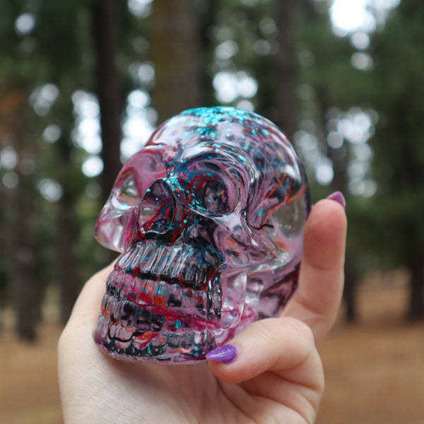 Resin Skull - handmade with cotton + turquoise glitter - Threefold Designs