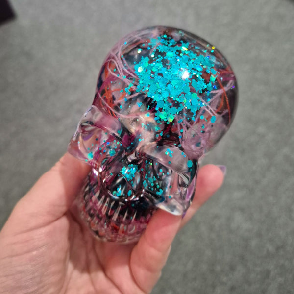 Resin Skull - handmade with cotton + turquoise glitter - Threefold Designs