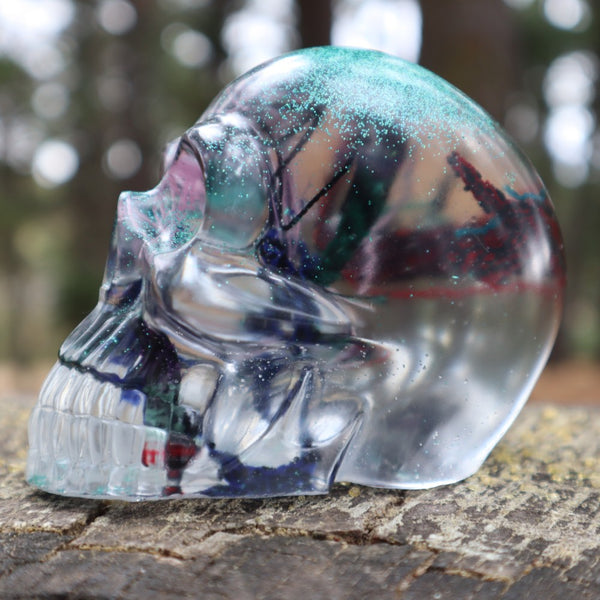Resin Skull - handmade with cotton + green glitter - Threefold Designs