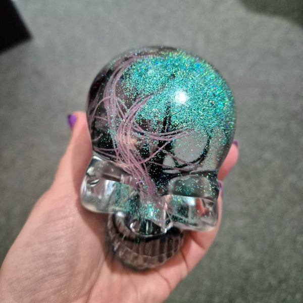 Resin Skull - handmade with cotton + green glitter - Threefold Designs