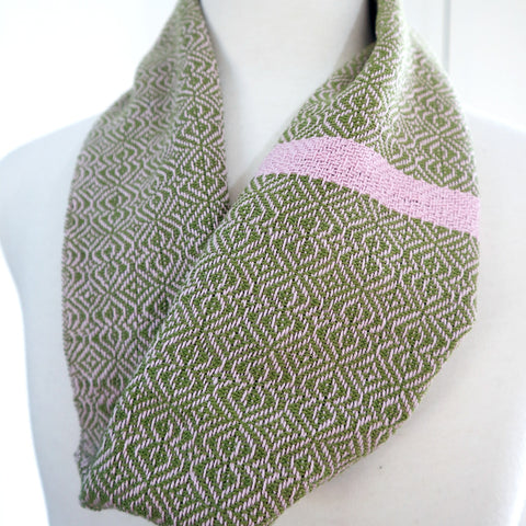 Handwoven cotton scarf in olive green with dusty pink