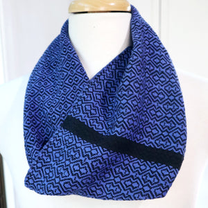handwoven infinity short scarf in blue and black cotton