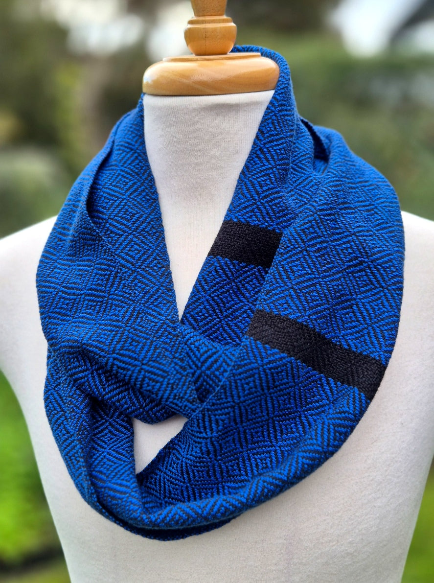 BLUE NOIR - Handwoven Infinity Scarf in Cobalt Blue + Black Cotton