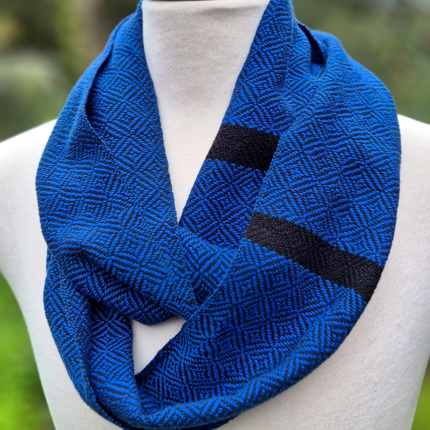 BLUE NOIR - Handwoven Infinity Scarf in Cobalt Blue + Black Cotton