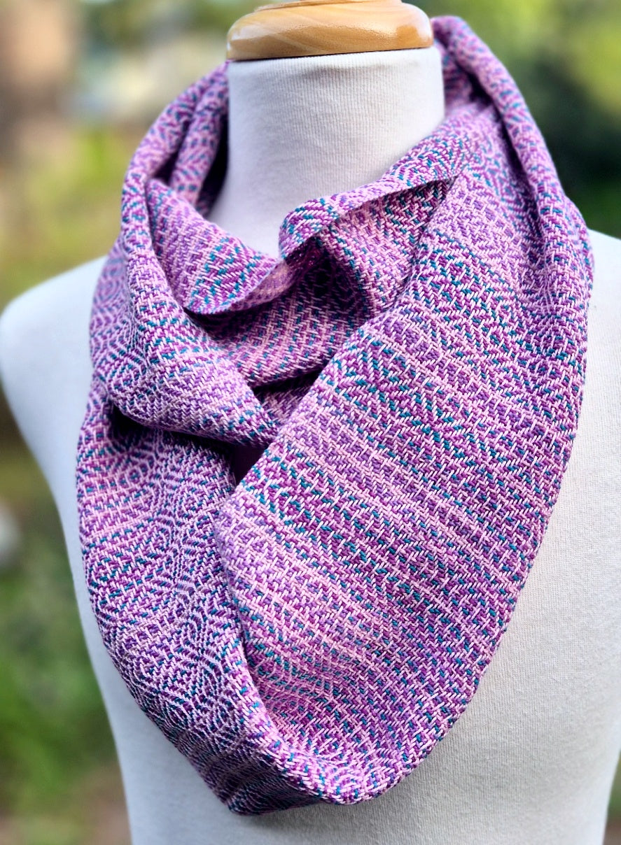 BLUSH FIZZ – Handwoven Infinity Scarf in Vegan Cotton (Mauve, Purple + Teal) - Threefold Designs