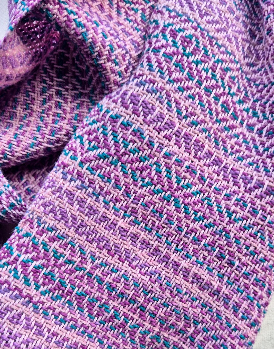 BLUSH FIZZ – Handwoven Infinity Scarf in Vegan Cotton (Mauve, Purple + Teal) - Threefold Designs