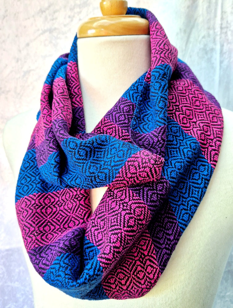handwoven cotton infinity scarf in bisexual flag colours of pink, purple and blue