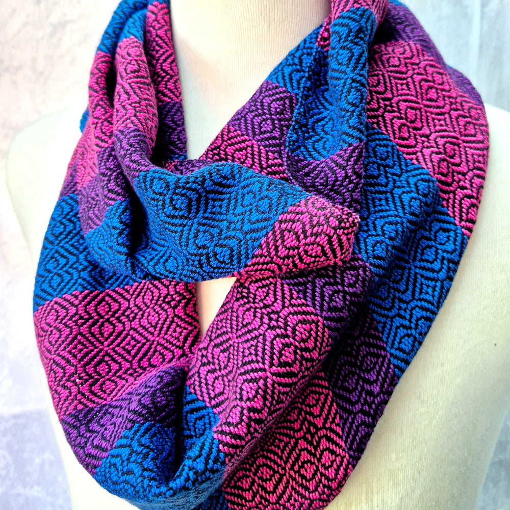handwoven cotton infinity scarf in bisexual flag colours of pink, purple and blue