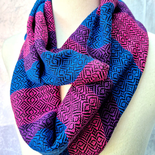 handwoven cotton infinity scarf in bisexual flag colours of pink, purple and blue