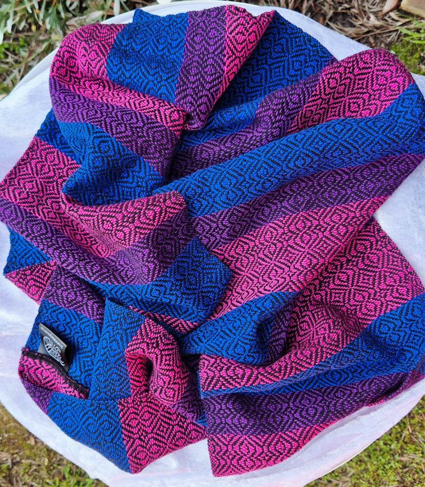 handwoven cotton infinity scarf in bisexual flag colours of pink, purple and blue