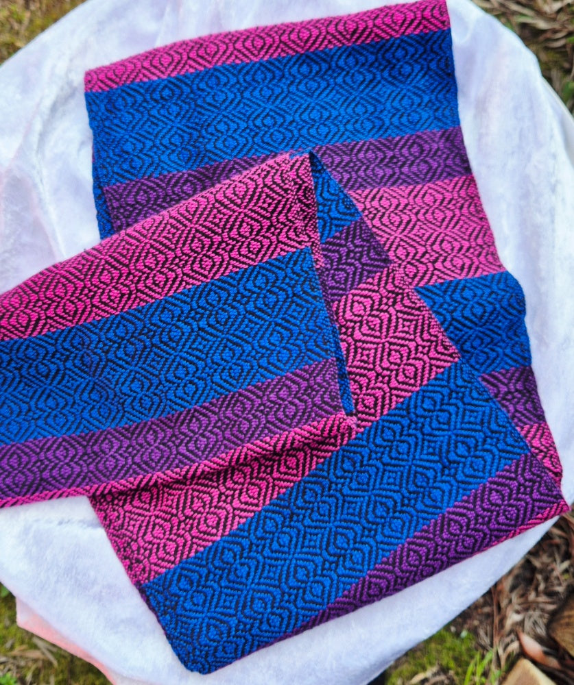 handwoven cotton infinity scarf in bisexual flag colours of pink, purple and blue