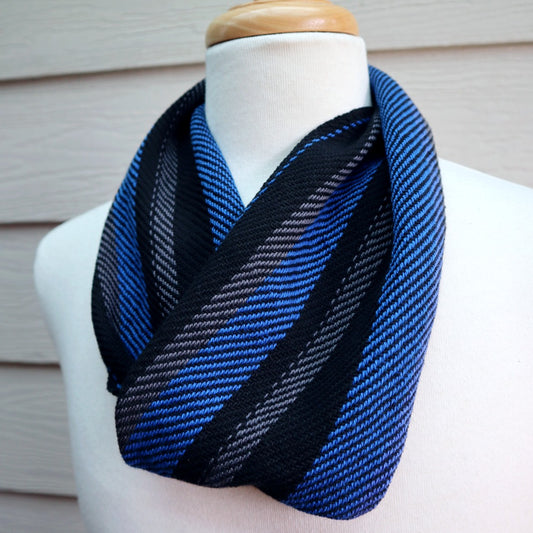 handwoven mens cravat short infinity scarf in bright blue, black and charcoal grey