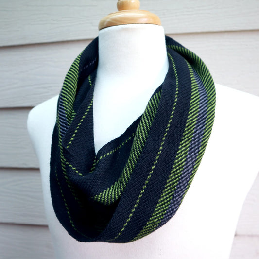 handwoven short loop scarf in olive green, black and charcoal stripes, handwoven in south australia