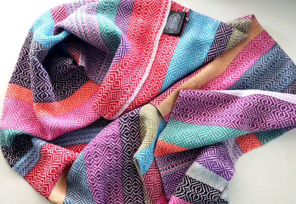 Handwoven cotton scarf in various bright coloured stripes