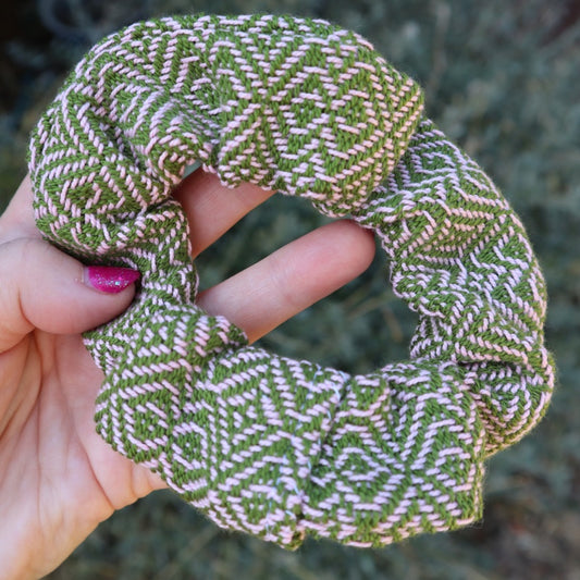 Handwoven Hair Scrunchie - Olive Green Fruit Tingles - Threefold Designs