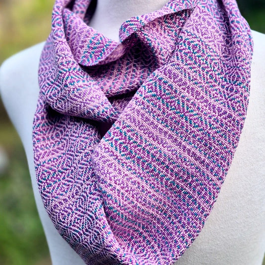 BLUSH FIZZ – Handwoven Infinity Scarf in Vegan Cotton (Mauve, Purple + Teal) - Threefold Designs