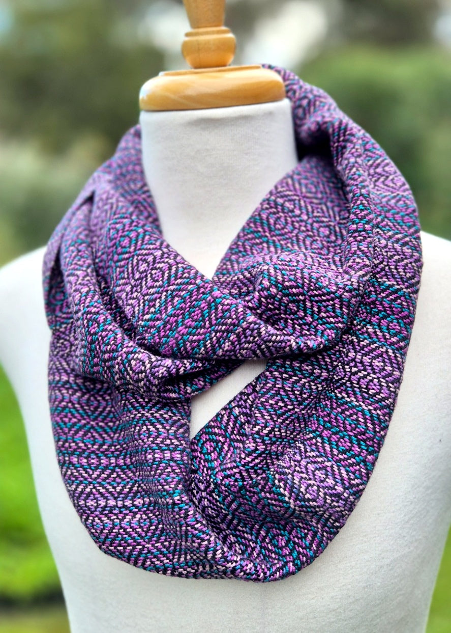 BLUSH NOIR - Handwoven Cotton Scarf (pinks and teals on black, variegated cotton)