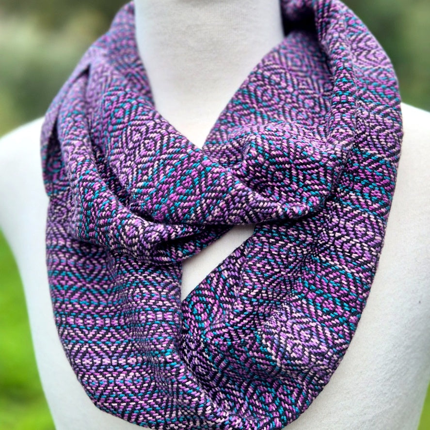 BLUSH NOIR - Handwoven Cotton Scarf (pinks and teals on black, variegated cotton)