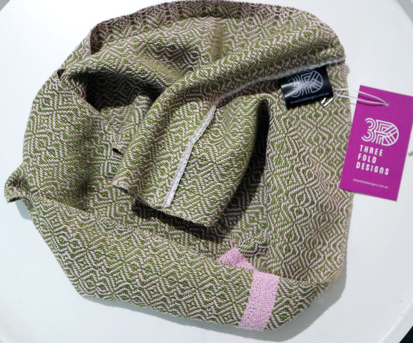 Handwoven olive and light pink short scarf snood