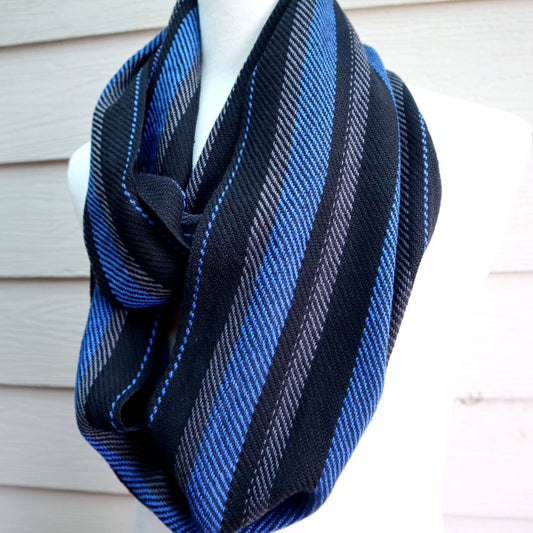 Handwoven cotton long loop scarf for men in bright blue, dark grey and black stripes, handwoven in south australia