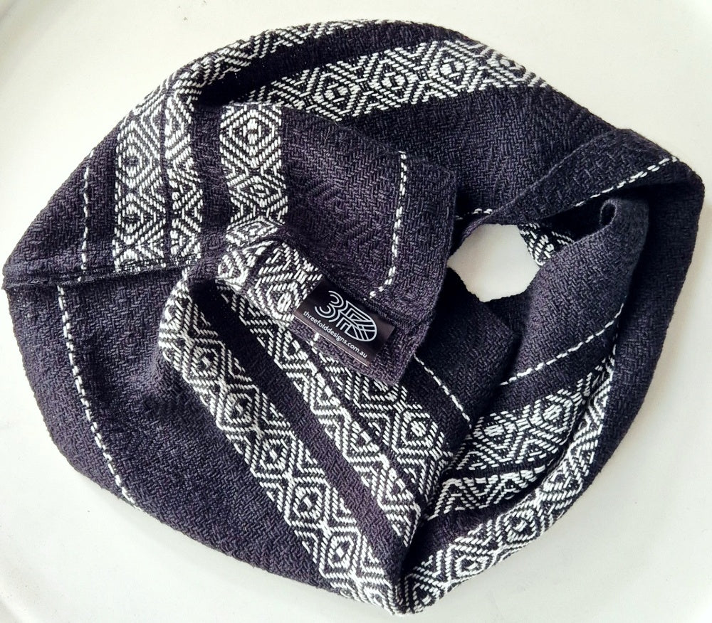 Black handwoven fabric with light grey geometric patterns on a white background