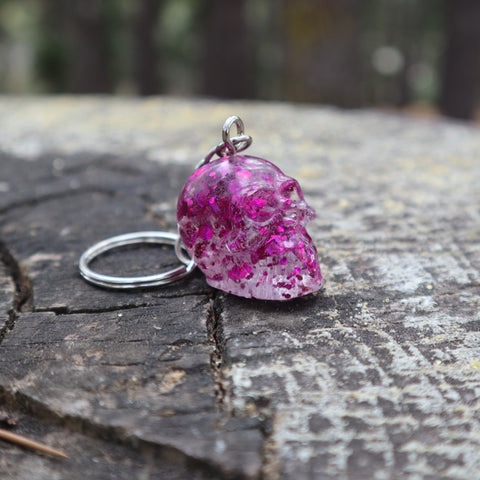 Resin Skull Keyring / Bag Charm - pink glitter - Threefold Designs