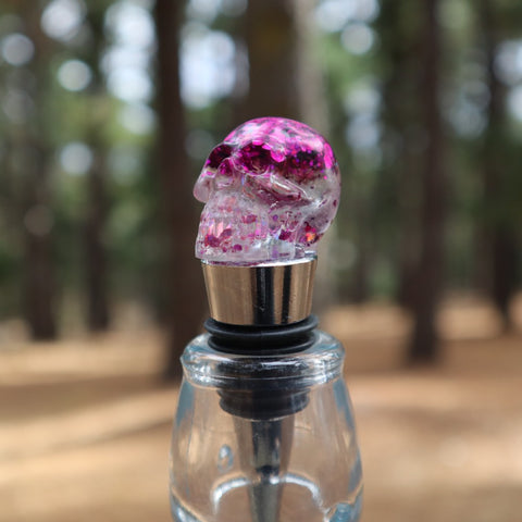 Resin Skull Bottle Stopper - hot pink glitter - Threefold Designs
