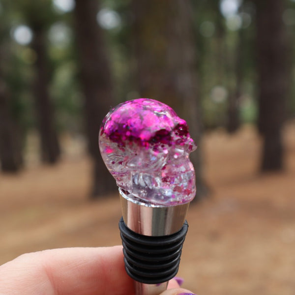 Resin Skull Bottle Stopper - hot pink glitter - Threefold Designs