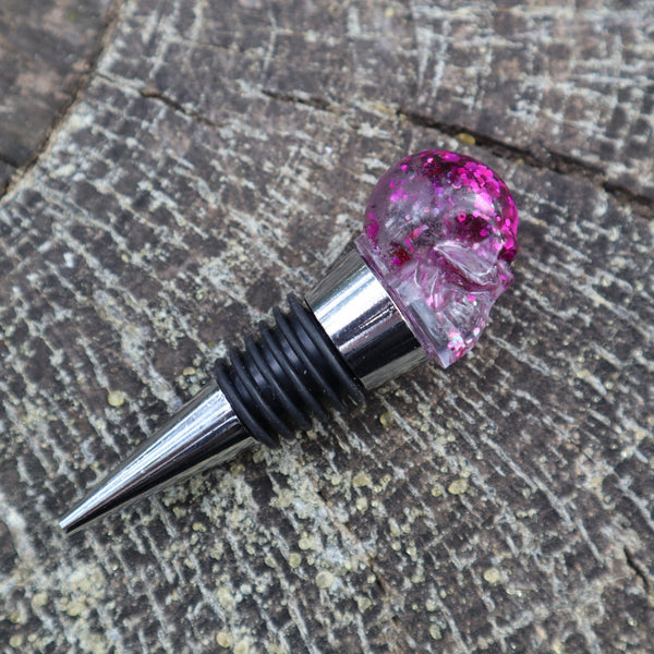 Resin Skull Bottle Stopper - hot pink glitter - Threefold Designs