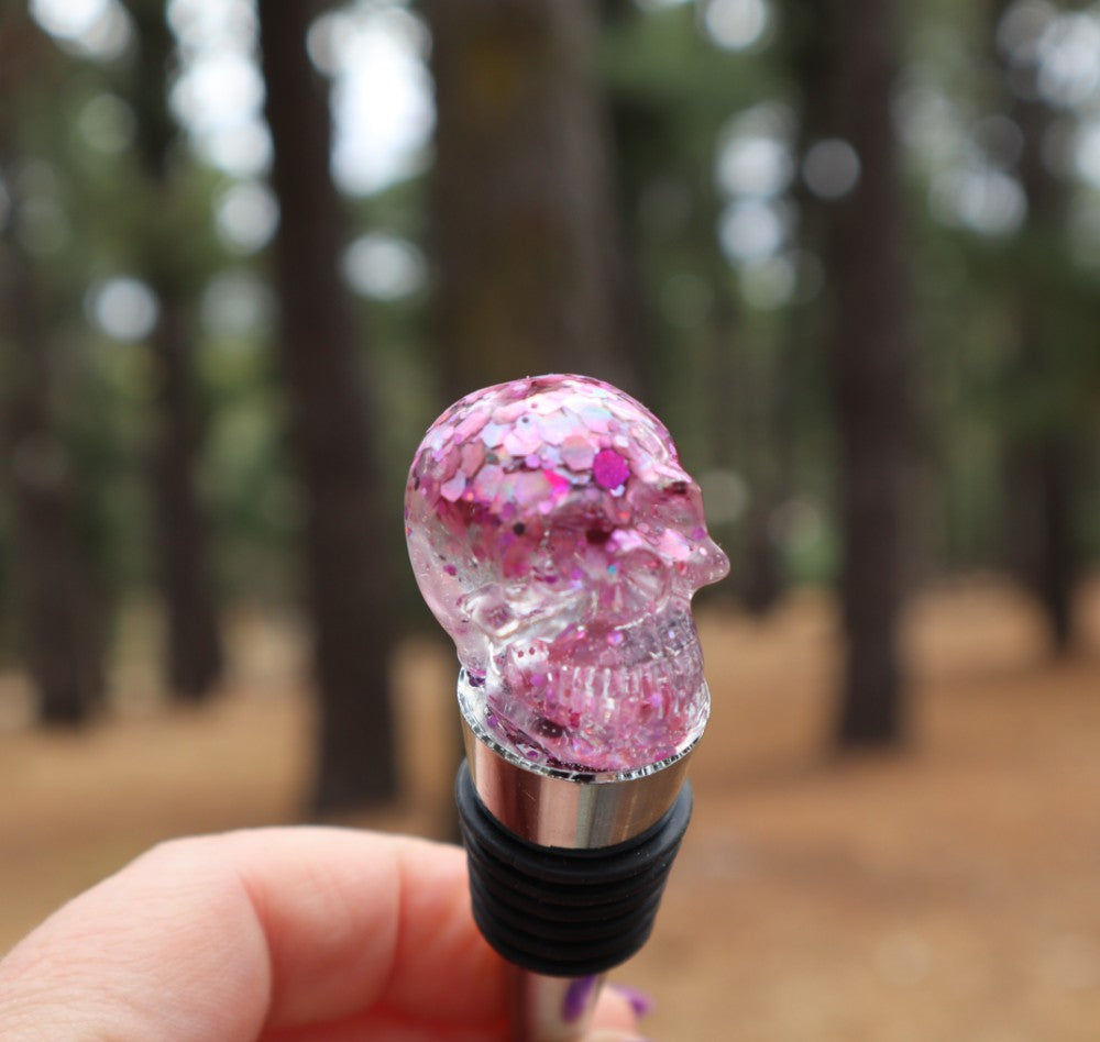 Resin Skull Bottle Stopper - light pink glitter - Threefold Designs