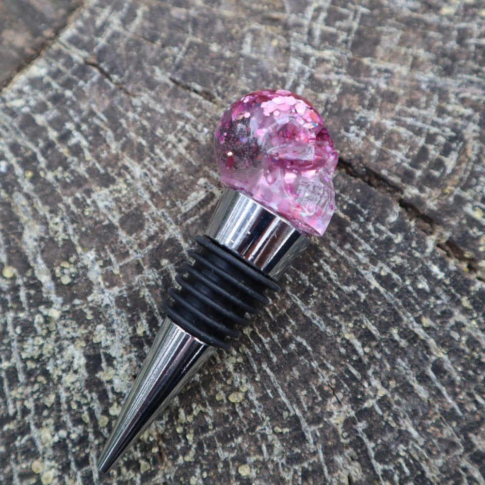 Resin Skull Bottle Stopper - light pink glitter - Threefold Designs