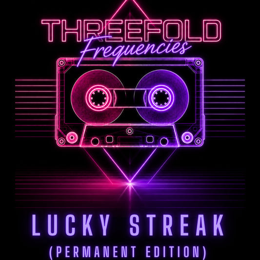 Digital album cover art for 'Threefold Frequencies' by Lucky Streak (Permanent Edition), featuring a glowing cassette tape graphic in neon pink and purple on a black background.
