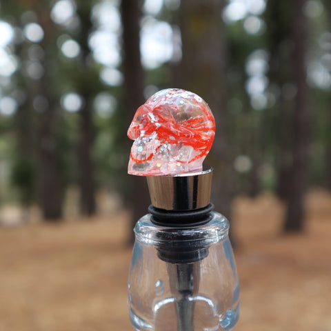 Resin Skull Bottle Stopper - orange cotton + silver glitter - Threefold Designs