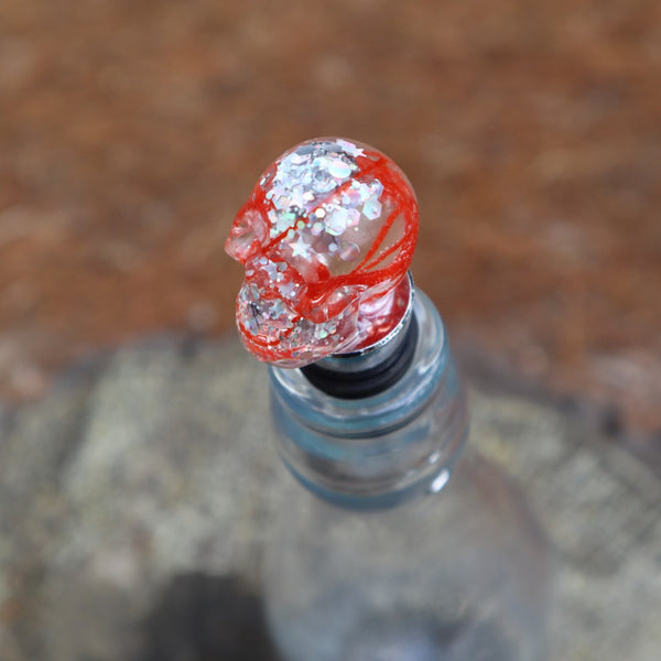 Resin Skull Bottle Stopper - orange cotton + silver glitter - Threefold Designs