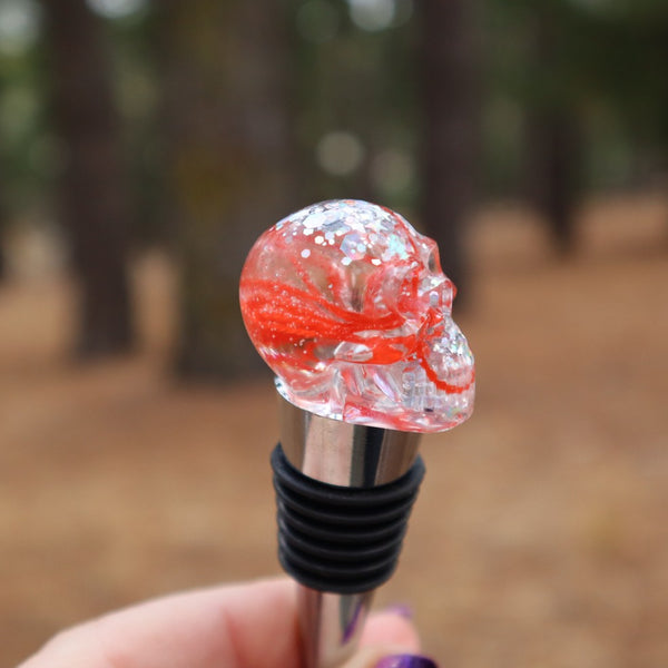 Resin Skull Bottle Stopper - orange cotton + silver glitter - Threefold Designs