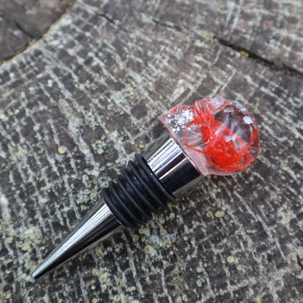 Resin Skull Bottle Stopper - orange cotton + silver glitter - Threefold Designs
