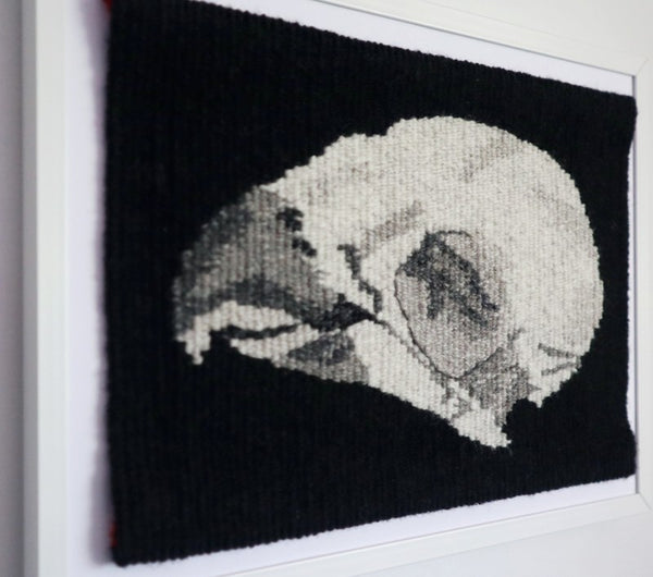detail of hand woven tapestry of parrot skull