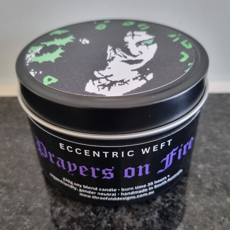 handmade soy candle with artwork on lid goth  - wood smoke fragrance, goth candle