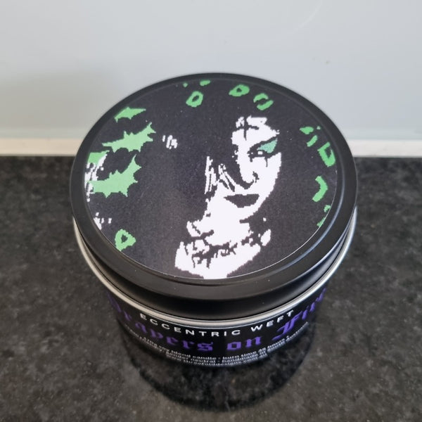 handmade soy candle with artwork on lid goth  - wood smoke fragrance, goth candle
