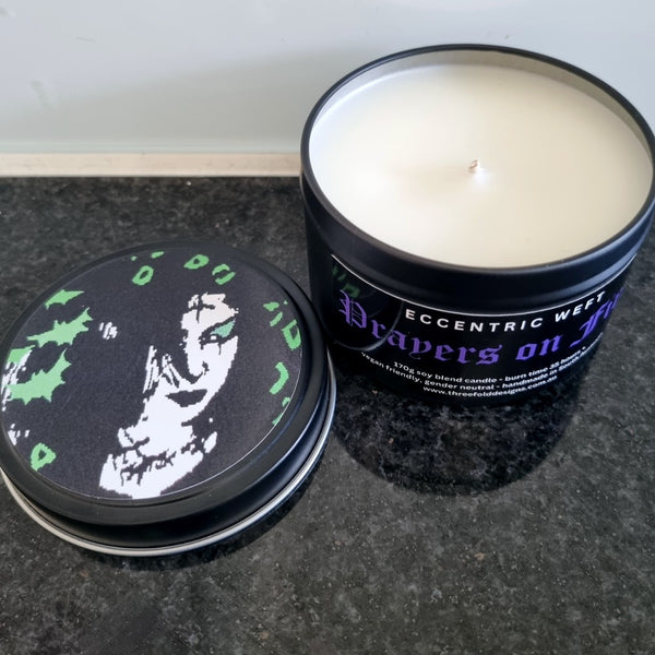 handmade soy candle with artwork on lid goth  - wood smoke fragrance, goth candle