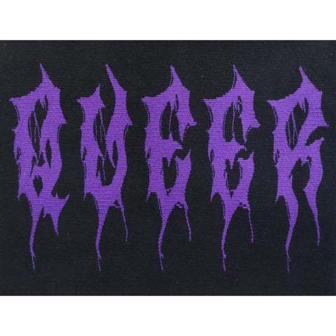 unique artwork of text saying 'queer' in purple death metal typeface font
