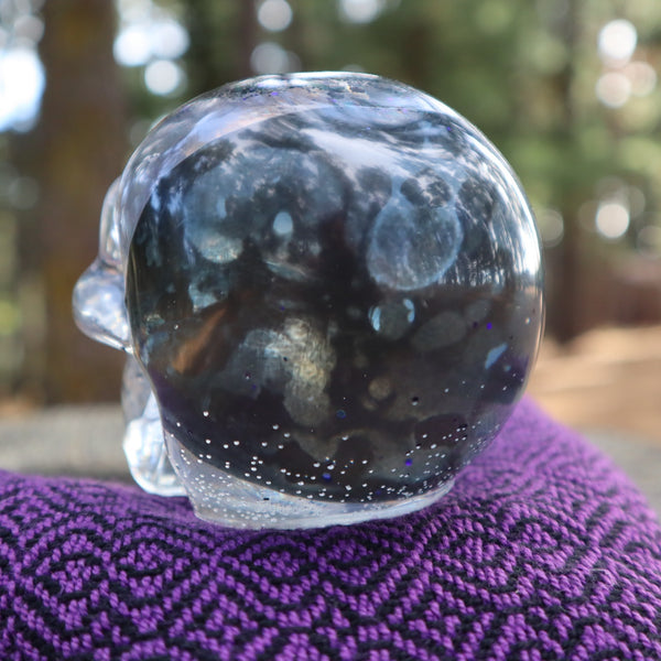 Resin X-Ray Skull - handmade with x-ray film and purple glitter - Threefold Designs