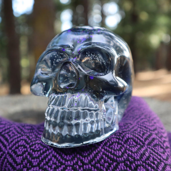 Resin X-Ray Skull - handmade with x-ray film and purple glitter - Threefold Designs
