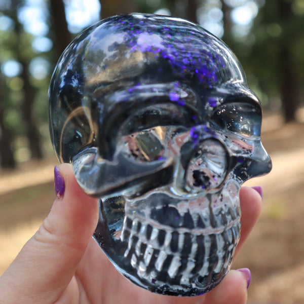 Resin X-Ray Skull - handmade with x-ray film and purple glitter - Threefold Designs