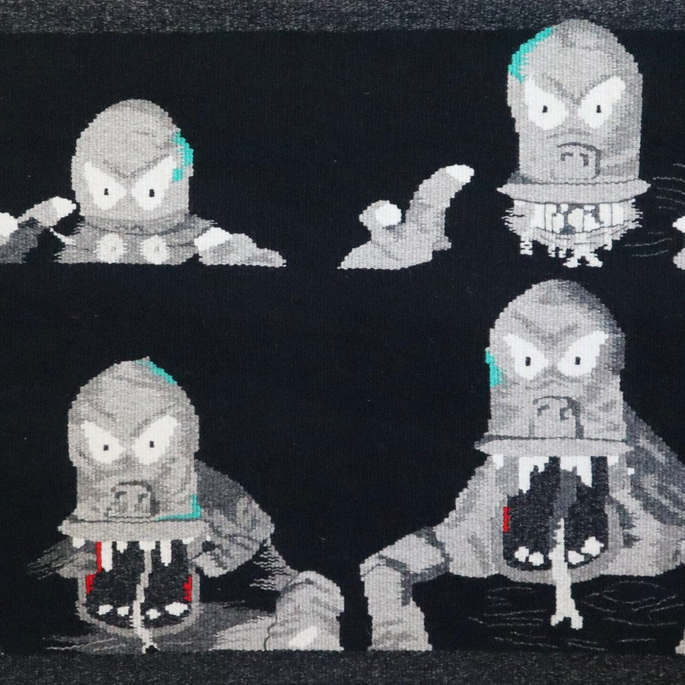 unique handwoven tapestry of the Murray Bridge Bunyip, woven with a black background to give a sinister, gothic feeling