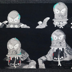 unique handwoven tapestry of the Murray Bridge Bunyip, woven with a black background to give a sinister, gothic feeling