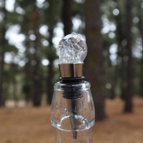 Resin Skull Bottle Stopper - silver glitter - Threefold Designs