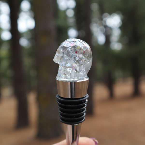 Resin Skull Bottle Stopper - silver glitter - Threefold Designs